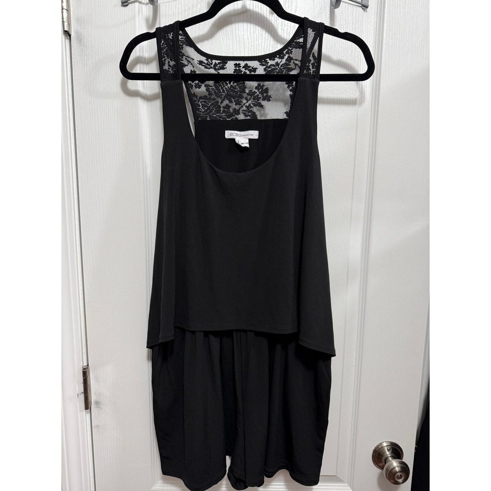 BCBGeneration Womens Black Layered Lace Back Sleeveless Romper Size L‎ RN80734
